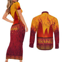 Azerbaijan Land of Fire Couples Matching Short Sleeve Bodycon Dress and Long Sleeve Button Shirt with Flame Towers and Baku Design