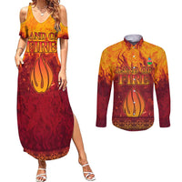 Azerbaijan Land of Fire Couples Matching Summer Maxi Dress and Long Sleeve Button Shirt with Flame Towers and Baku Design