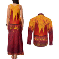 Azerbaijan Land of Fire Couples Matching Tank Maxi Dress and Long Sleeve Button Shirt with Flame Towers and Baku Design