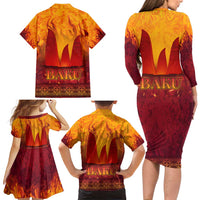 Azerbaijan Land of Fire Family Matching Long Sleeve Bodycon Dress and Hawaiian Shirt with Flame Towers and Baku Design