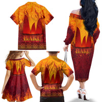 Azerbaijan Land of Fire Family Matching Off The Shoulder Long Sleeve Dress and Hawaiian Shirt with Flame Towers and Baku Design