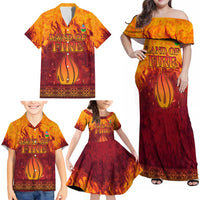 Azerbaijan Land of Fire Family Matching Off Shoulder Maxi Dress and Hawaiian Shirt with Flame Towers and Baku Design