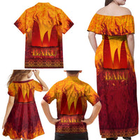 Azerbaijan Land of Fire Family Matching Off Shoulder Maxi Dress and Hawaiian Shirt with Flame Towers and Baku Design