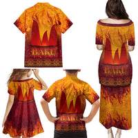 Azerbaijan Land of Fire Family Matching Puletasi and Hawaiian Shirt with Flame Towers and Baku Design