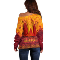 Azerbaijan Land of Fire Off Shoulder Sweater with Flame Towers and Baku Design