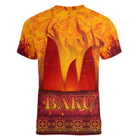 Azerbaijan Land of Fire Women V-Neck T-Shirt with Flame Towers and Baku Design