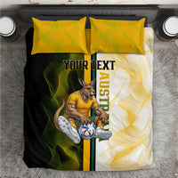 Personalized Australia Soccer Kangaroo Bedding Set World Football Mascot Green Gold Abstract Wave