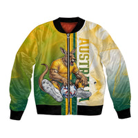 Personalized Australia Soccer Kangaroo Bomber Jacket World Football Mascot Green Gold Abstract Wave
