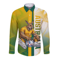 Personalized Australia Soccer Kangaroo Long Sleeve Button Shirt World Football Mascot Green Gold Abstract Wave