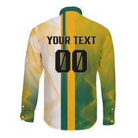 Personalized Australia Soccer Kangaroo Long Sleeve Button Shirt World Football Mascot Green Gold Abstract Wave