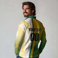 Personalized Australia Soccer Kangaroo Long Sleeve Polo Shirt World Football Mascot Green Gold Abstract Wave