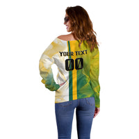 Personalized Australia Soccer Kangaroo Off Shoulder Sweater World Football Mascot Green Gold Abstract Wave