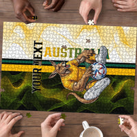 Personalized Australia Soccer Kangaroo Puzzle World Football Mascot Green Gold Abstract Wave