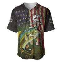 Personalized Walleye Fishing Baseball Jersey American Flag Background and Green Grunge Style Design - Wonder Print Shop