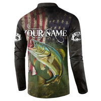 Personalized Walleye Fishing Button Sweatshirt American Flag Background and Green Grunge Style Design - Wonder Print Shop