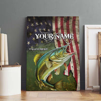 Personalized Walleye Fishing Canvas Wall Art American Flag Background and Green Grunge Style Design - Wonder Print Shop