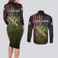 Personalized Walleye Fishing Couples Matching Long Sleeve Bodycon Dress and Long Sleeve Button Shirt American Flag Background and Green Grunge Style Design - Wonder Print Shop