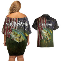 Personalized Walleye Fishing Couples Matching Off Shoulder Short Dress and Hawaiian Shirt American Flag Background and Green Grunge Style Design - Wonder Print Shop