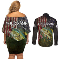 Personalized Walleye Fishing Couples Matching Off Shoulder Short Dress and Long Sleeve Button Shirt American Flag Background and Green Grunge Style Design - Wonder Print Shop
