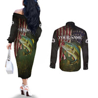 Personalized Walleye Fishing Couples Matching Off The Shoulder Long Sleeve Dress and Long Sleeve Button Shirt American Flag Background and Green Grunge Style Design - Wonder Print Shop