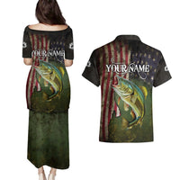 Personalized Walleye Fishing Couples Matching Puletasi and Hawaiian Shirt American Flag Background and Green Grunge Style Design - Wonder Print Shop