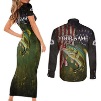 Personalized Walleye Fishing Couples Matching Short Sleeve Bodycon Dress and Long Sleeve Button Shirt American Flag Background and Green Grunge Style Design - Wonder Print Shop