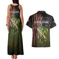 Personalized Walleye Fishing Couples Matching Tank Maxi Dress and Hawaiian Shirt American Flag Background and Green Grunge Style Design - Wonder Print Shop