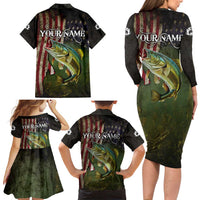 Personalized Walleye Fishing Family Matching Long Sleeve Bodycon Dress and Hawaiian Shirt American Flag Background and Green Grunge Style Design - Wonder Print Shop