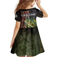 Personalized Walleye Fishing Family Matching Off Shoulder Maxi Dress and Hawaiian Shirt American Flag Background and Green Grunge Style Design - Wonder Print Shop