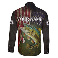 Personalized Walleye Fishing Family Matching Off Shoulder Maxi Dress and Hawaiian Shirt American Flag Background and Green Grunge Style Design - Wonder Print Shop