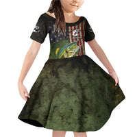 Personalized Walleye Fishing Family Matching Off Shoulder Short Dress and Hawaiian Shirt American Flag Background and Green Grunge Style Design - Wonder Print Shop