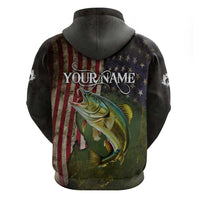 Personalized Walleye Fishing Hoodie American Flag Background and Green Grunge Style Design - Wonder Print Shop