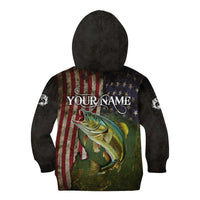 Personalized Walleye Fishing Kid Hoodie American Flag Background and Green Grunge Style Design - Wonder Print Shop