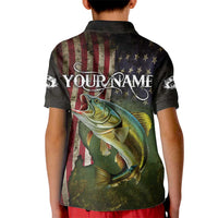 Personalized Walleye Fishing Kid Polo Shirt American Flag Background and Green Grunge Style Design - Wonder Print Shop