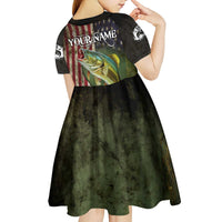 Personalized Walleye Fishing Kid Short Sleeve Dress American Flag Background and Green Grunge Style Design - Wonder Print Shop