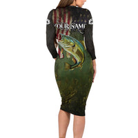 Personalized Walleye Fishing Long Sleeve Bodycon Dress American Flag Background and Green Grunge Style Design - Wonder Print Shop