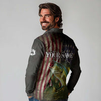 Personalized Walleye Fishing Long Sleeve Polo Shirt American Flag Background and Green Grunge Style Design - Wonder Print Shop