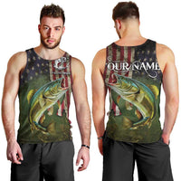 Personalized Walleye Fishing Men Tank Top American Flag Background and Green Grunge Style Design - Wonder Print Shop