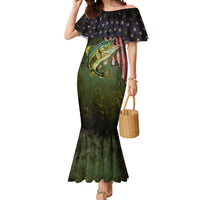 Personalized Walleye Fishing Mermaid Dress American Flag Background and Green Grunge Style Design - Wonder Print Shop