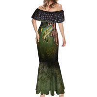 Personalized Walleye Fishing Mermaid Dress American Flag Background and Green Grunge Style Design - Wonder Print Shop