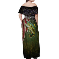 Personalized Walleye Fishing Off Shoulder Maxi Dress American Flag Background and Green Grunge Style Design - Wonder Print Shop