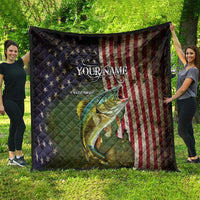 Personalized Walleye Fishing Quilt American Flag Background and Green Grunge Style Design - Wonder Print Shop