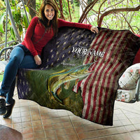 Personalized Walleye Fishing Quilt American Flag Background and Green Grunge Style Design - Wonder Print Shop