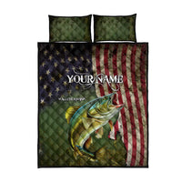 Personalized Walleye Fishing Quilt Bed Set American Flag Background and Green Grunge Style Design - Wonder Print Shop