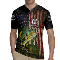 Personalized Walleye Fishing Rugby Jersey American Flag Background and Green Grunge Style Design - Wonder Print Shop