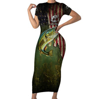 Personalized Walleye Fishing Short Sleeve Bodycon Dress American Flag Background and Green Grunge Style Design - Wonder Print Shop