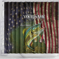 Personalized Walleye Fishing Shower Curtain American Flag Background and Green Grunge Style Design - Wonder Print Shop