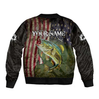 Personalized Walleye Fishing Sleeve Zip Bomber Jacket American Flag Background and Green Grunge Style Design - Wonder Print Shop