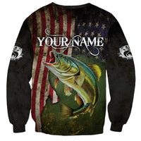 Personalized Walleye Fishing Sweatshirt American Flag Background and Green Grunge Style Design - Wonder Print Shop