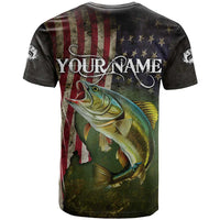Personalized Walleye Fishing T Shirt American Flag Background and Green Grunge Style Design - Wonder Print Shop